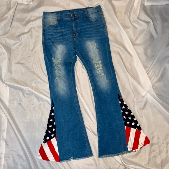 None Denim - American Flag Bell Bottom Blue Jeans‎ Rock&Roll/CountryWestern Ladies 2XL/36W